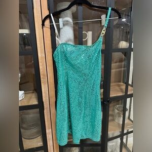 Vintage Y2K Turquoise Sequin One Shoulder Mini Dress Mona V Party 1990s